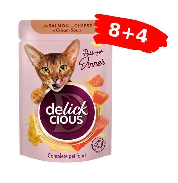 Влажный корм для кошек Деликшес Delickcious полоски с лососем и сыром в крем-супе, Акция 8+4 (12 шт &times; 85 г) D6251402 фото
