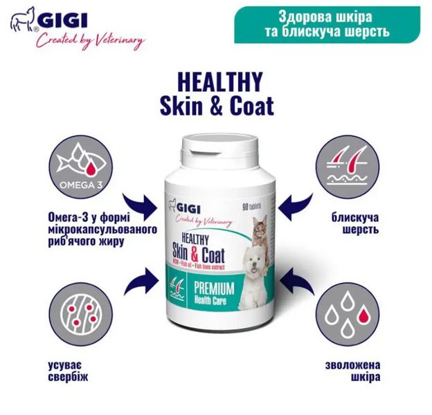 Вітаміни GIGI Код-Омега Плюс / HEALTHY Skin & Coat для лікування дерматитів котів та собак №90 (1 капсула на 10 кг) 43056 фото